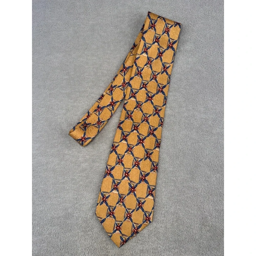 Jos A Bank Premier Collection Silk Tie Gold Navy Blue Geometric Lattice USA Made